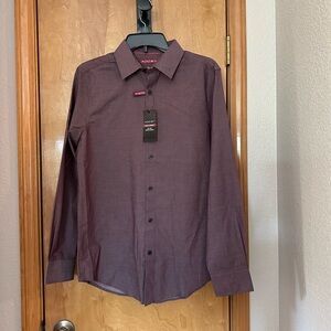 Men’s small button down collar long sleeve burgundy slim fit stretch shirt